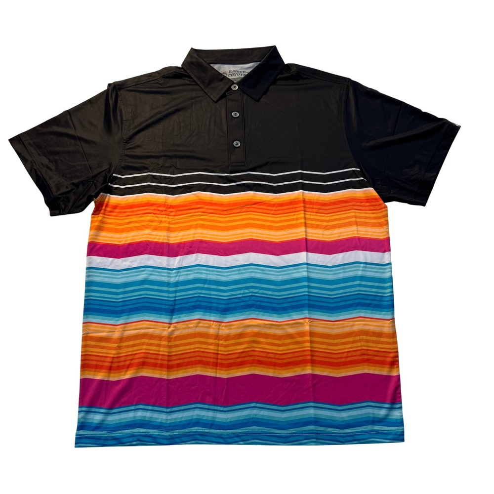 Raised by Coyotes Mens Performance Golf Polo Shirt Black Multi Stripe Size M